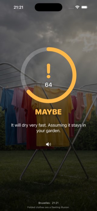 Amber MAYBE verdict, score 64, under a stormy sky.