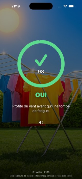 L'app par temps ensoleillé : verdict OUI en vert, score 98 sur 100, au-dessus d'une phrase de commentaire.